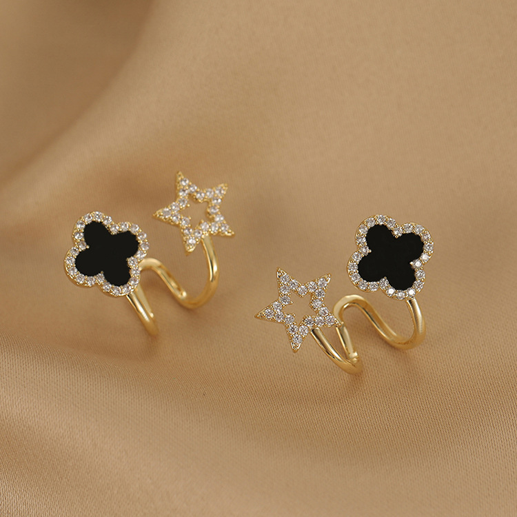 s925 silver needle black four-leaf clover fashionable and simple earrings