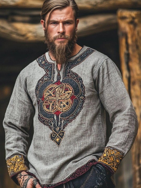 Men's Viking Tribal  Embroidered Vintage Linen Cozy Shirt