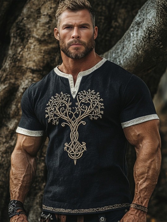 Men's Celtic Mythical Embroidery Tree Of Life Shirt