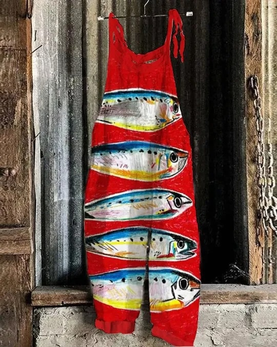 Fish Art Print Casual Wide-leg Jumpsuit