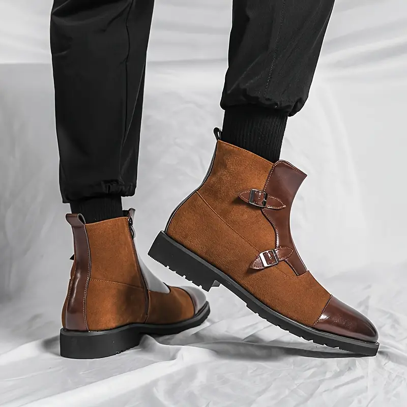 mens stylish cap toe high top boots windproof anti skid side zippered boots with buckles decor for business office fall and winter men s shoes temu details 0