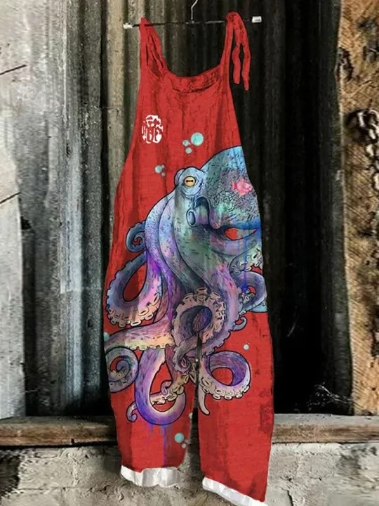 Japanese Art Red Octopus Linen Blend Loose Casual Jumpsuit