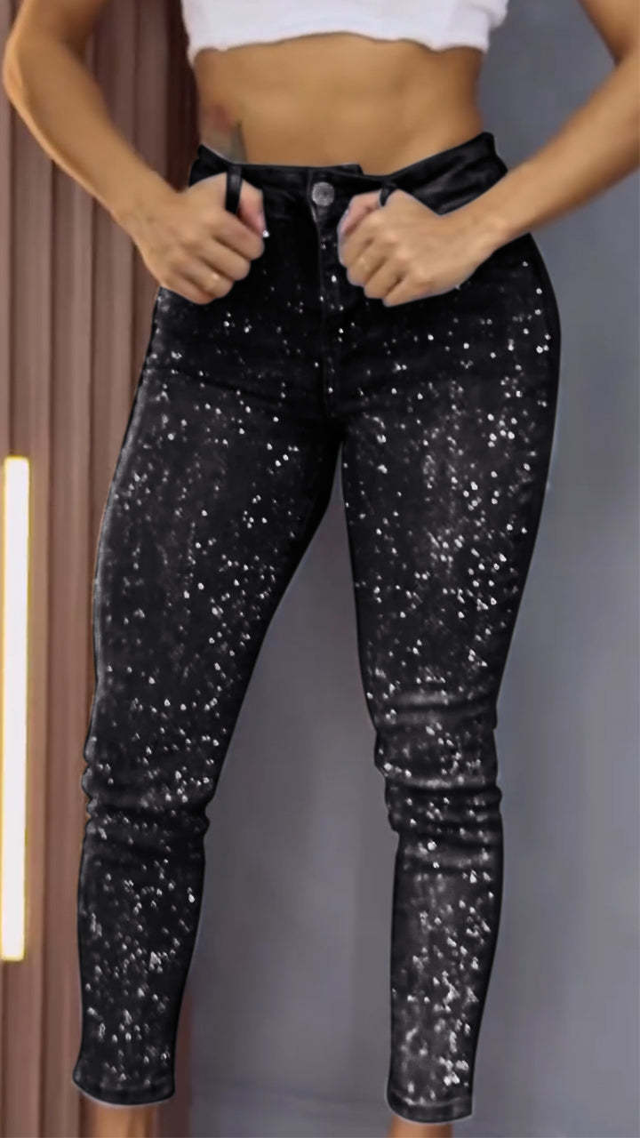1# Women's Single-sided Elastic Rhinestone Slim Fit Casual Jeans