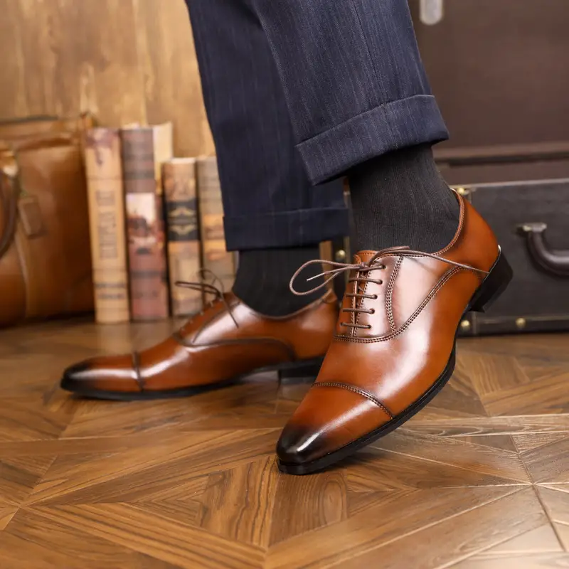 leather dress shoes men s classical solid split cap toe details 6