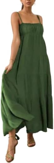 TIAFORD Women Sleeveless Spaghetti Strap Maxi Dress Summer Casual Boho Square Neck Tiered Pleated Sundress Flowy Beach Dress