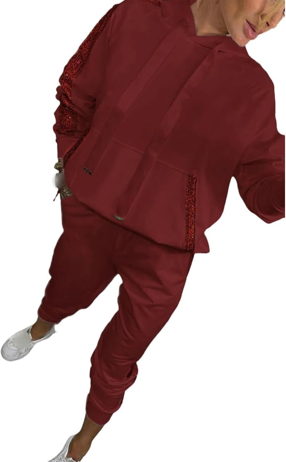 Women's Hooded Long Sequined Casual Suit, Sequin Two Piece Set for Women, Sweatshirt and Sequin Joggers with Pockets