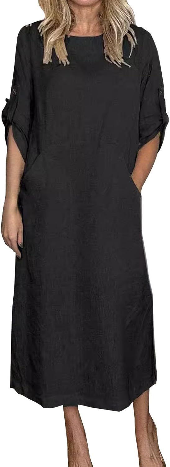 Women's Cotton and Linen Spring and Summer Fashion Solid Color Loose Casual Dress V Neck Dress