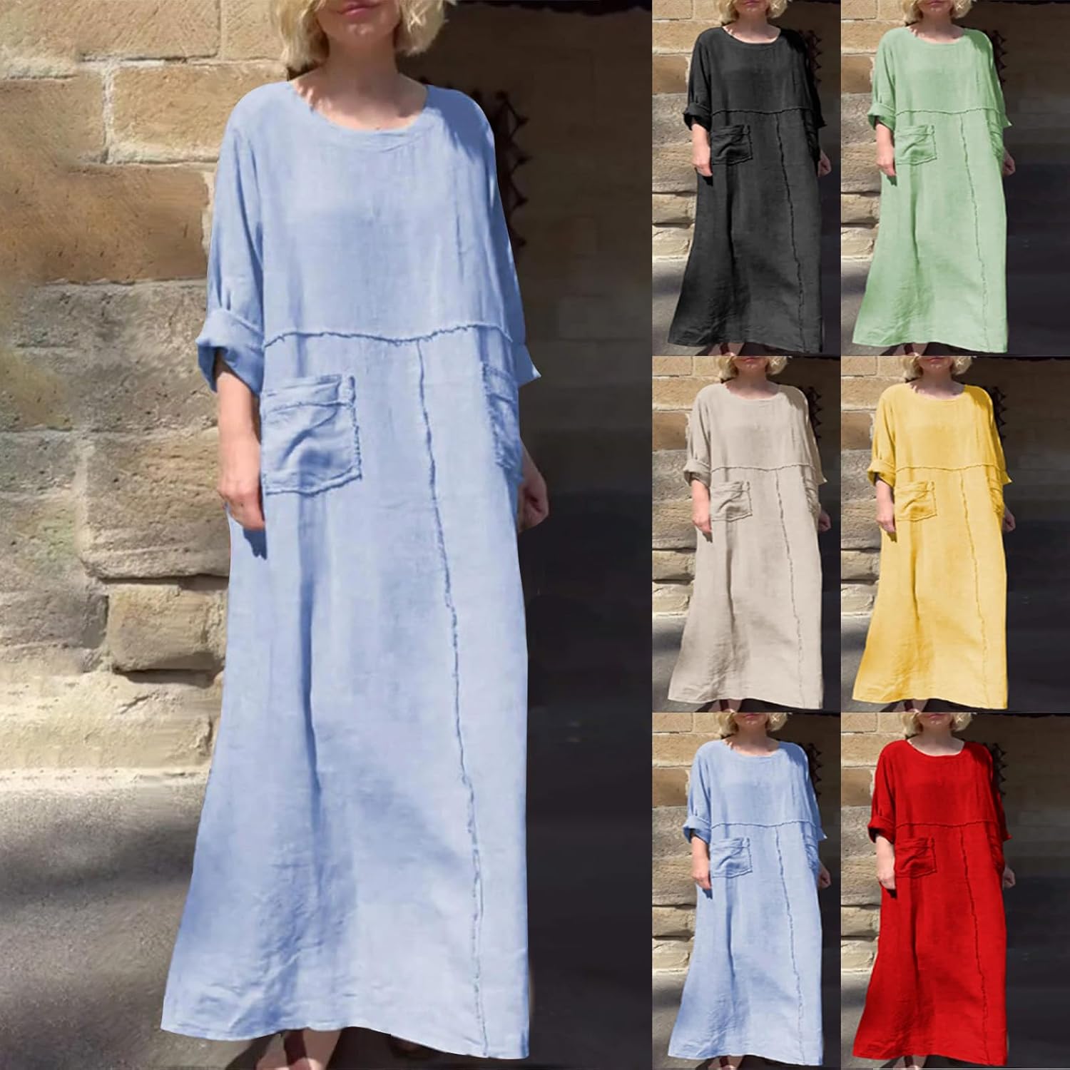 HGps8w Womens Cotton Linen Maxi Dress Loose Crewneck Long Sleeve Solid Long Dresses with Pockets Travel Vacation Outfits