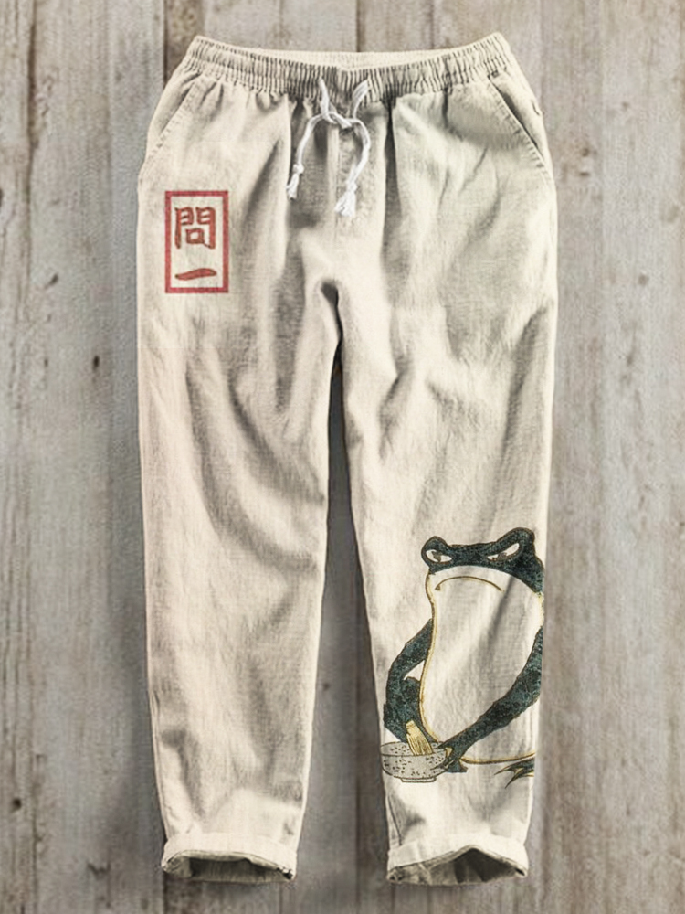 Japanese Art Angry Frog Print Linen Drawstring Trousers – Jxdegree