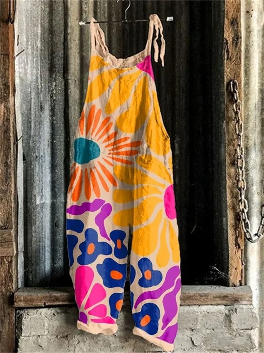 Women's Abstract Art Floral Print Linen Blend Jumpsuit