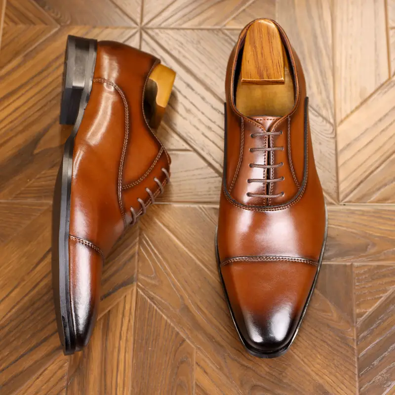 leather dress shoes men s classical solid split cap toe details 3