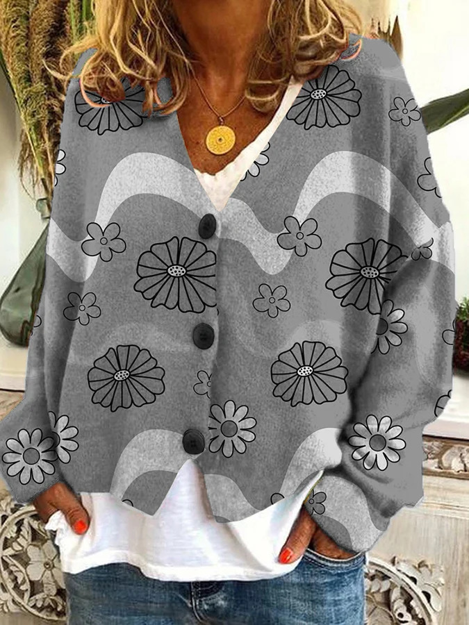 Japanese Floral Print Buttoned Casual Cardigan  Sweater AD