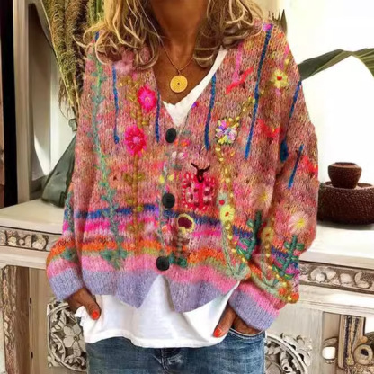 Japanese Floral Print Buttoned Casual Cardigan  Sweater AJ
