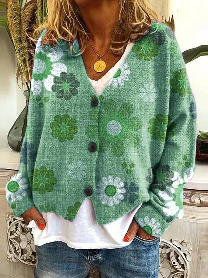 Japanese Floral Print Buttoned Casual Cardigan  Sweater AK