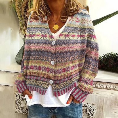 Japanese Floral Print Buttoned Casual Cardigan  Sweater AL