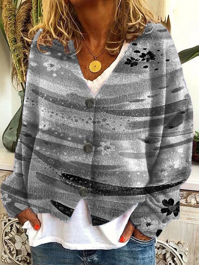 Japanese Floral Print Buttoned Casual Cardigan  Sweater AM