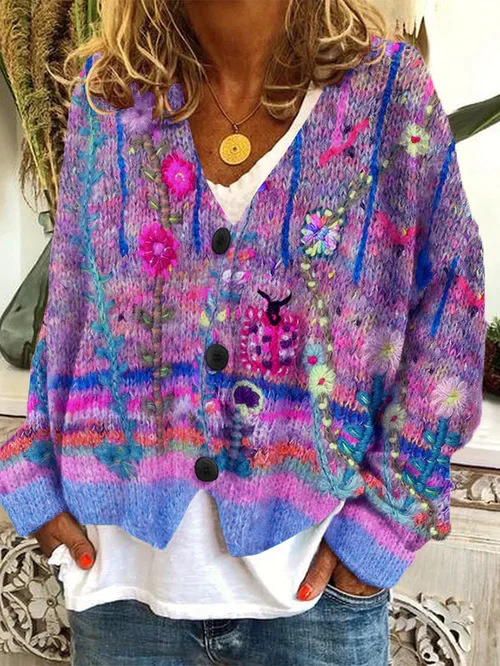 Japanese Floral Print Buttoned Casual Cardigan  Sweater B5