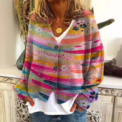 Japanese Floral Print Buttoned Casual Cardigan  Sweater AI