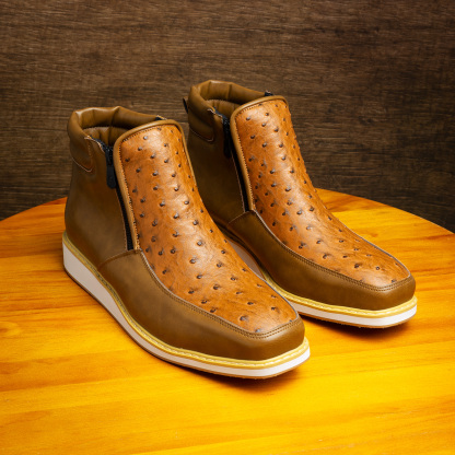 【New Year 50%OFF Sale】Men Ostrich Print Leather Handcrafted Western Wide Square Toe Brown Cowboy Boots New Year Gift Ideas for Him