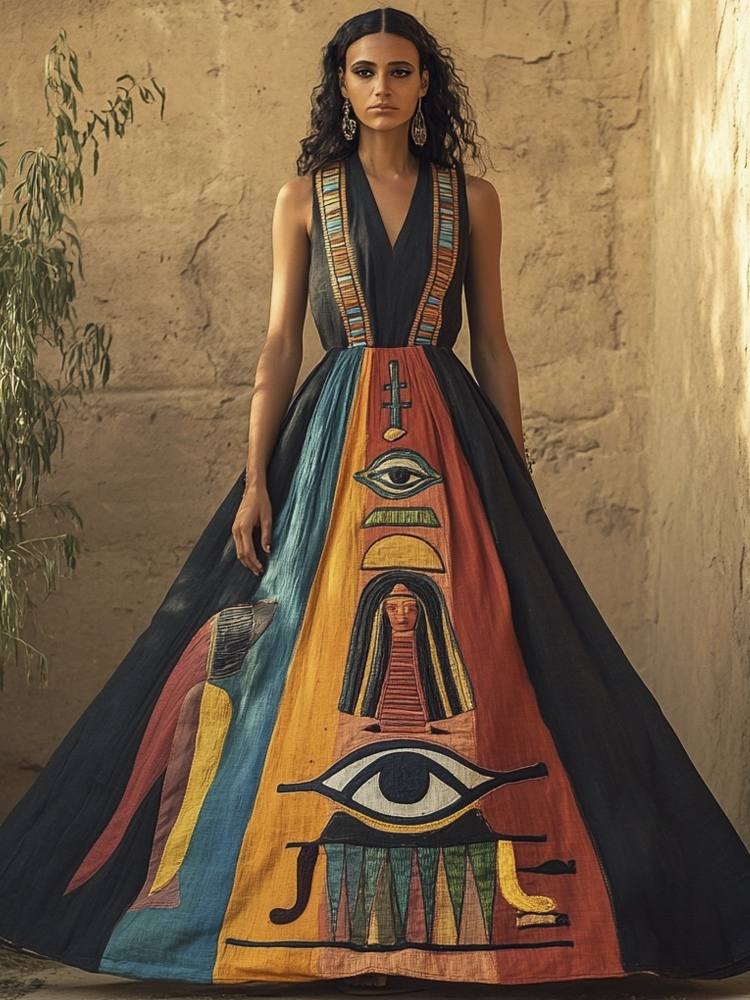 Egyptian Vintage Elements Embroidered Women's Vest Maxi Dress