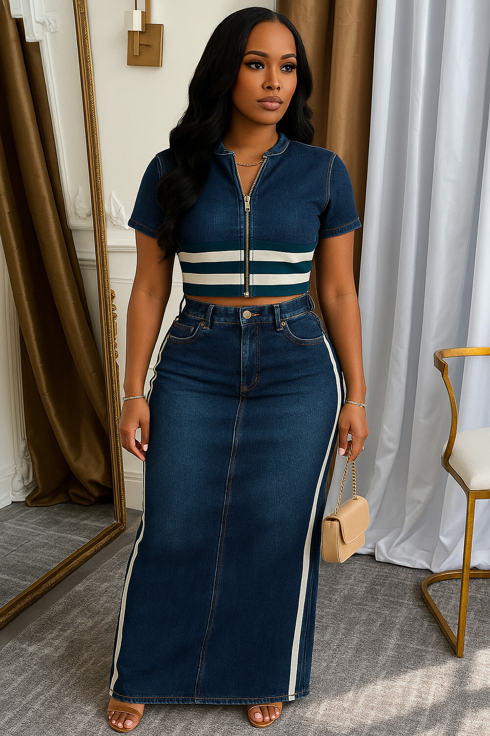 Striped Zip-Up Short Sleeve Top Maxi Skirt Denim Print 2pcs Set-Blue
