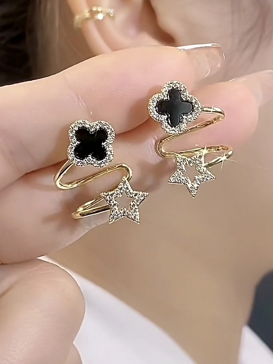 s925 silver needle black four-leaf clover fashionable and simple earrings