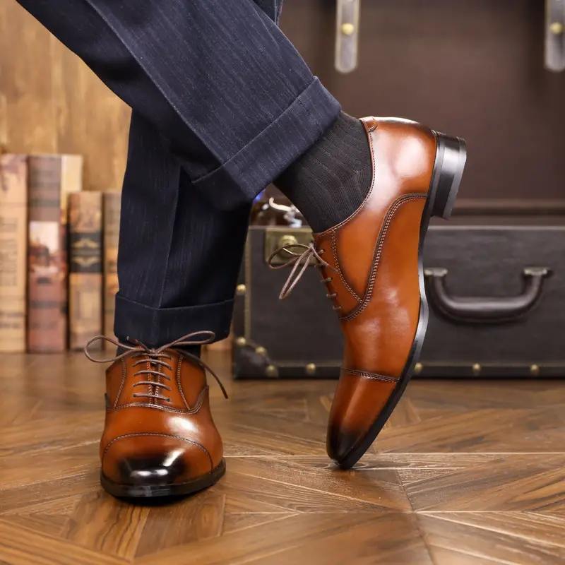 leather dress shoes men s classical solid split cap toe details 7