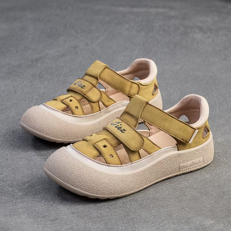 APHROT Retro Comfortable Hollow Out Breathable Head Layer Cowhide Sports Sandals