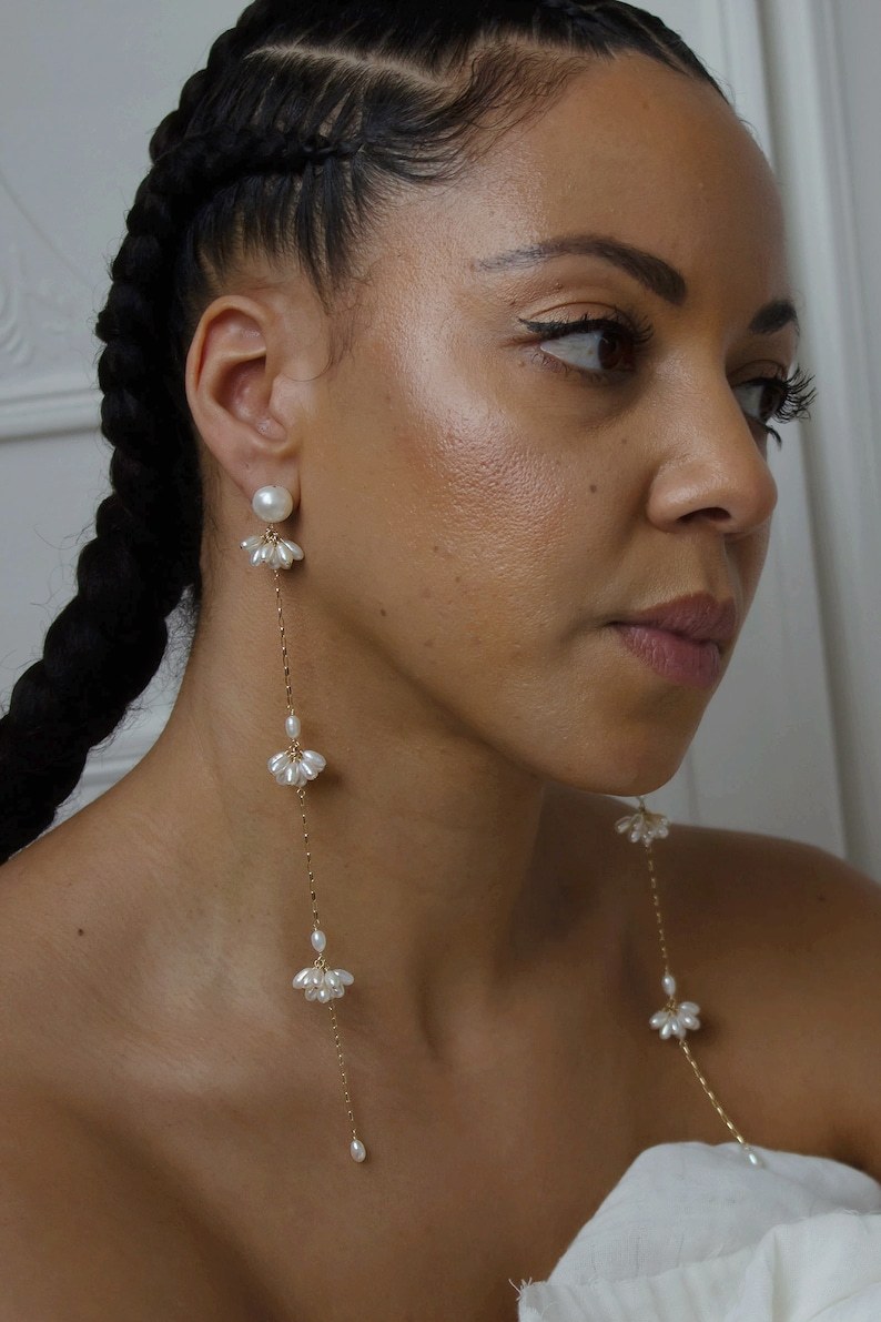Bridal Jewelry - Long and Dainty Pearl Statement Earrings - Shoulder Duster Earrings - Fashion Trends - Minimalist Bride - Stud with Drop