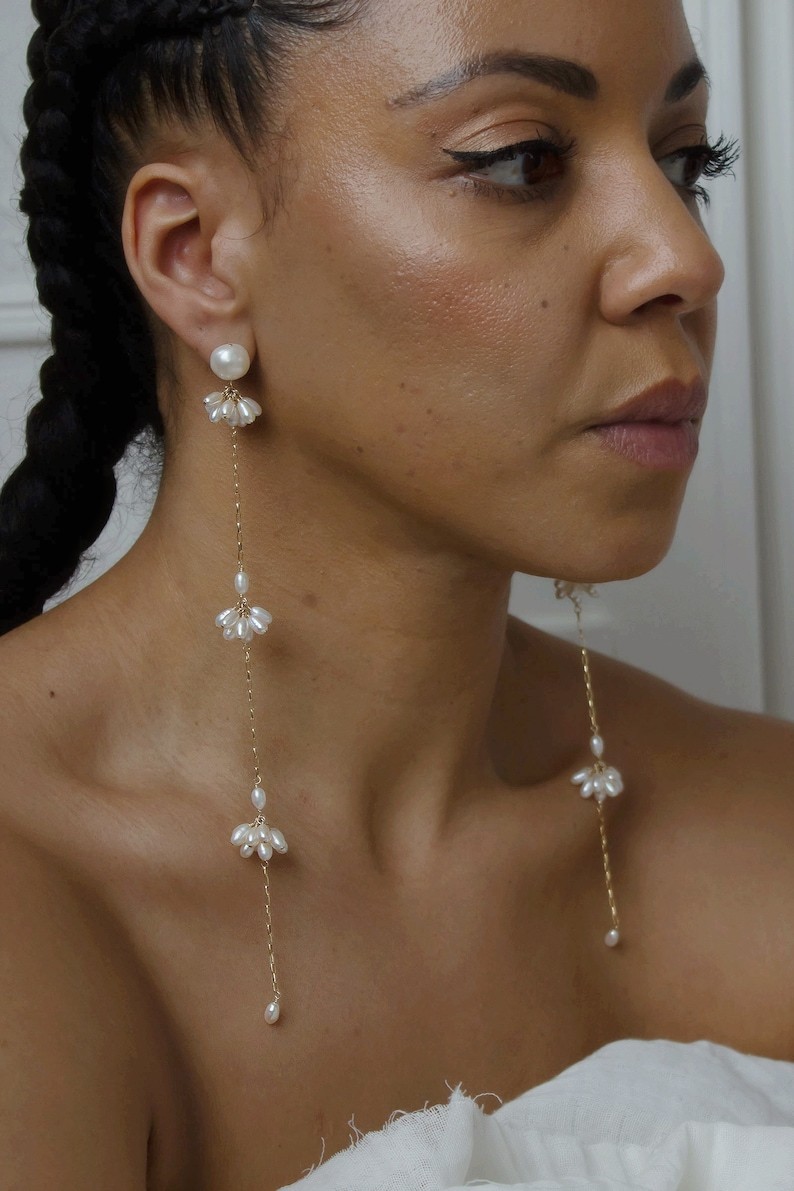 Bridal Jewelry - Long and Dainty Pearl Statement Earrings - Shoulder Duster Earrings - Fashion Trends - Minimalist Bride - Stud with Drop