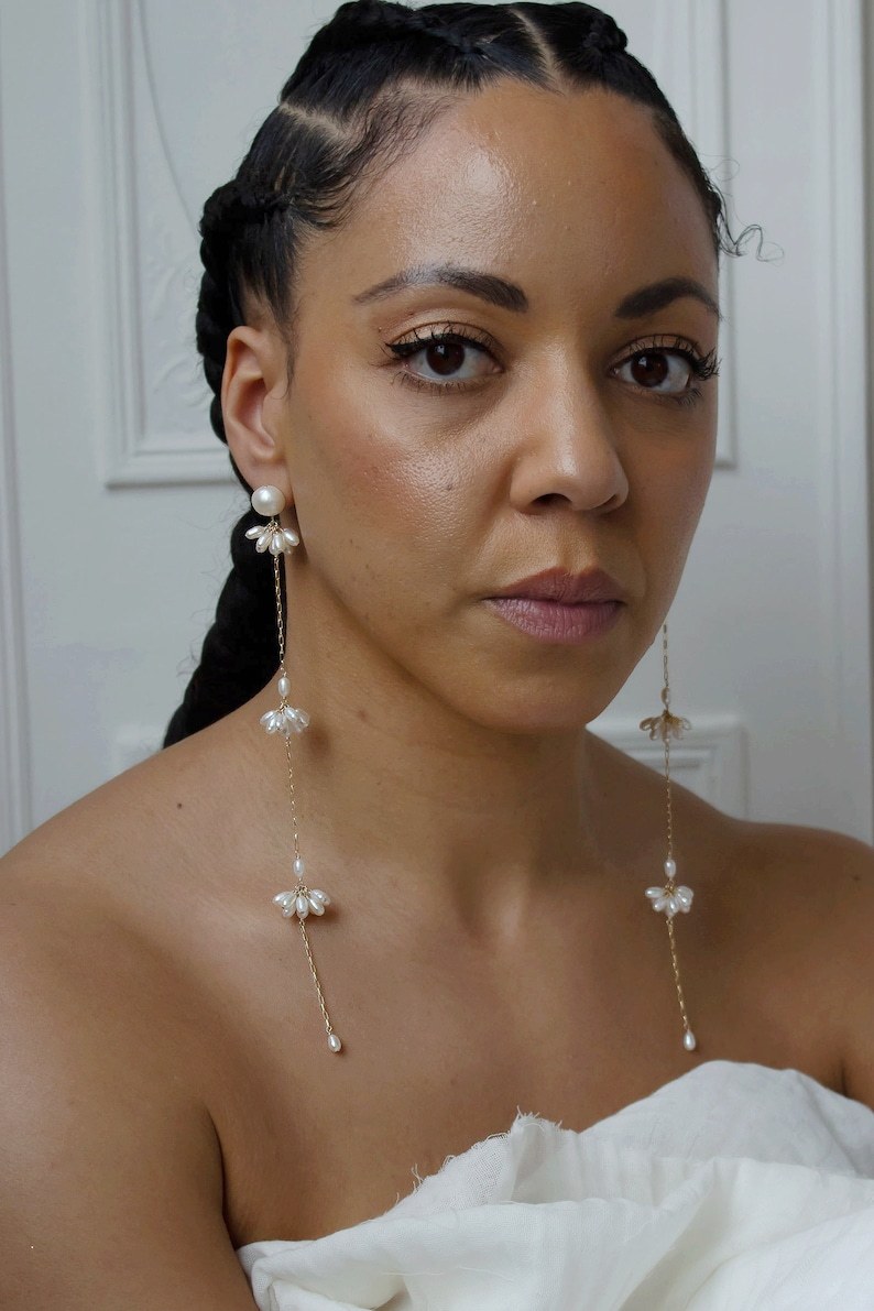 Bridal Jewelry - Long and Dainty Pearl Statement Earrings - Shoulder Duster Earrings - Fashion Trends - Minimalist Bride - Stud with Drop