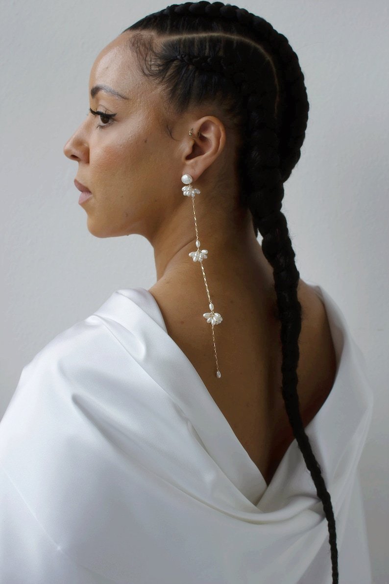 Bridal Jewelry - Long and Dainty Pearl Statement Earrings - Shoulder Duster Earrings - Fashion Trends - Minimalist Bride - Stud with Drop