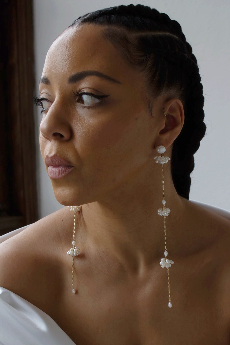 Bridal Jewelry - Long and Dainty Pearl Statement Earrings - Shoulder Duster Earrings - Fashion Trends - Minimalist Bride - Stud with Drop