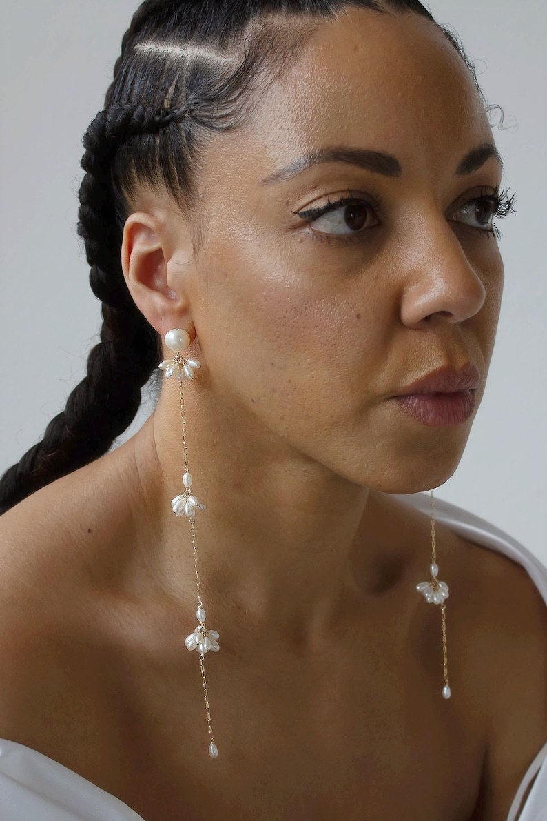 Bridal Jewelry - Long and Dainty Pearl Statement Earrings - Shoulder Duster Earrings - Fashion Trends - Minimalist Bride - Stud with Drop