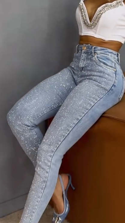 1# Women's Single-sided Elastic Rhinestone Slim Fit Casual Jeans