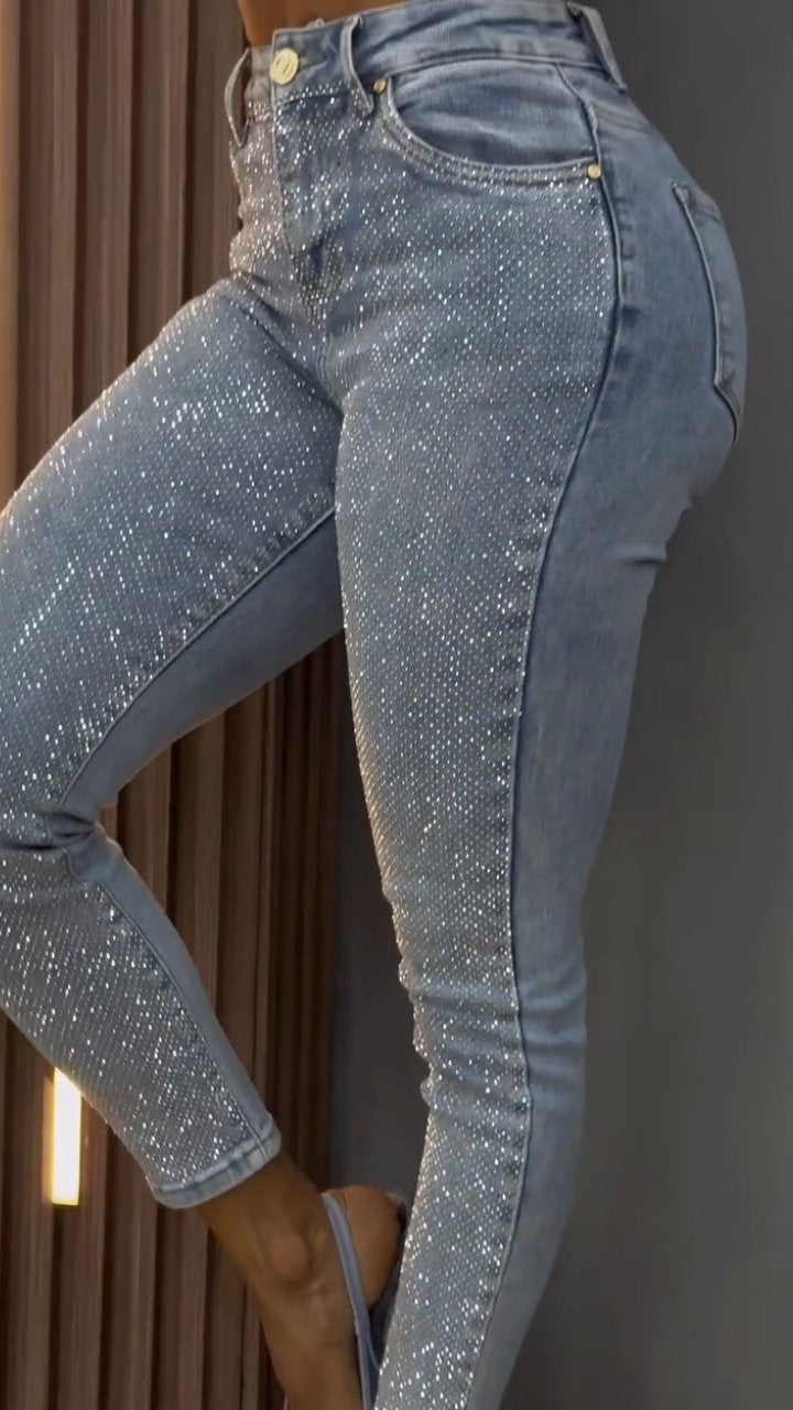 1# Women's Single-sided Elastic Rhinestone Slim Fit Casual Jeans