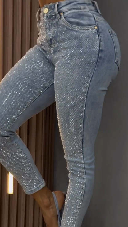 1# Women's Single-sided Elastic Rhinestone Slim Fit Casual Jeans