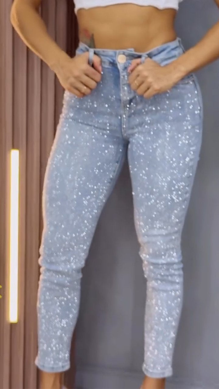 1# Women's Single-sided Elastic Rhinestone Slim Fit Casual Jeans