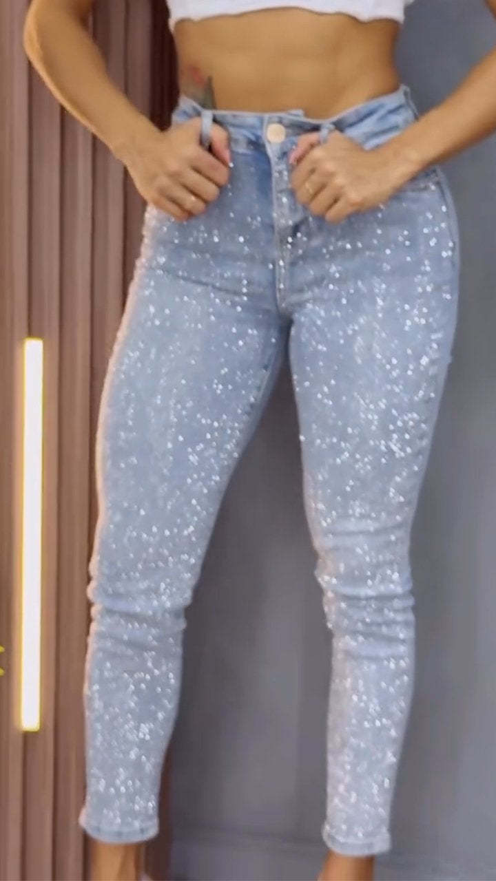 1# Women's Single-sided Elastic Rhinestone Slim Fit Casual Jeans