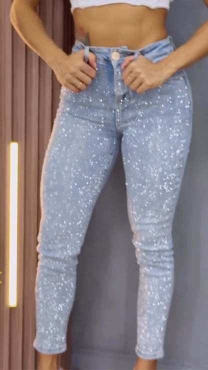 1# Women's Single-sided Elastic Rhinestone Slim Fit Casual Jeans