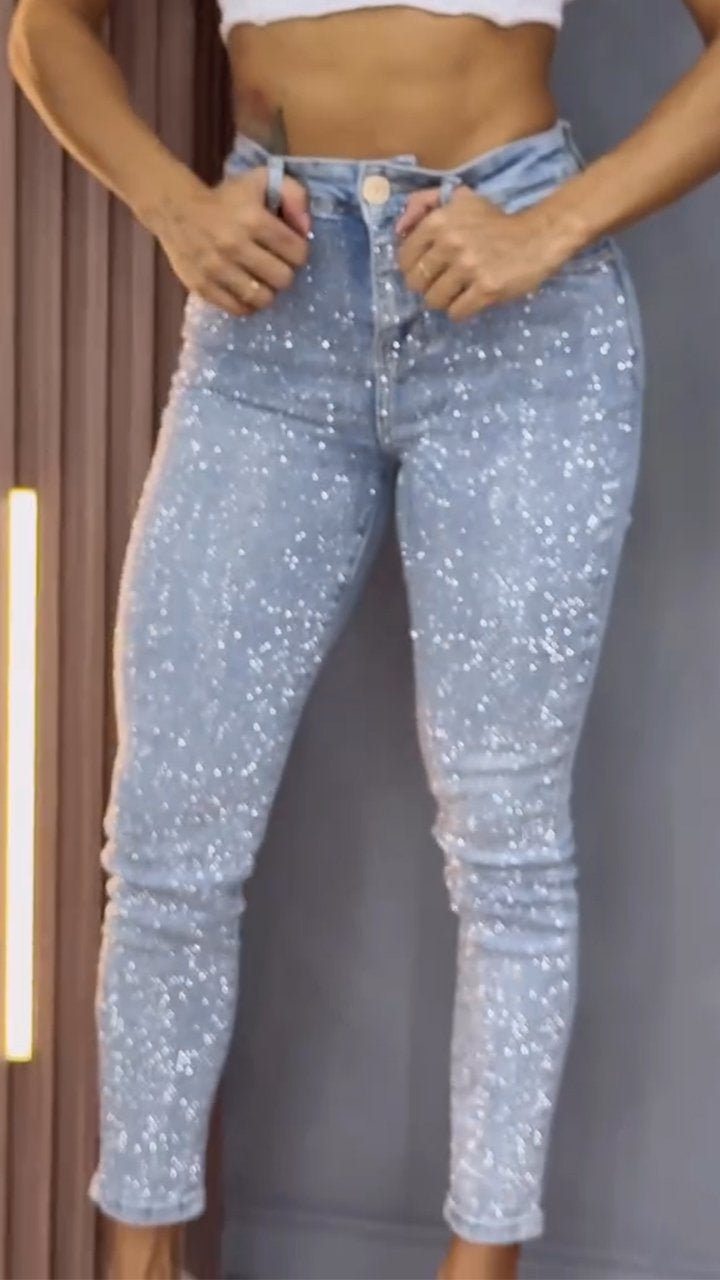 1# Women's Single-sided Elastic Rhinestone Slim Fit Casual Jeans