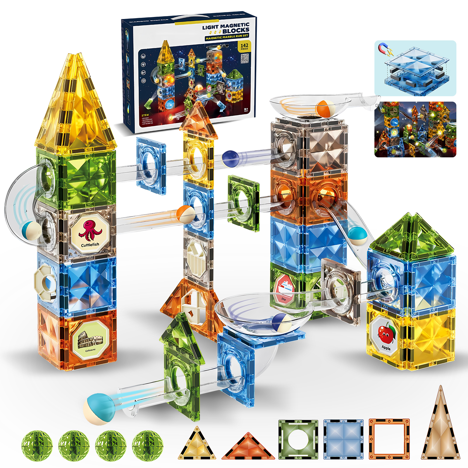 Glowing Magnetic Marble Run Set 142PCS