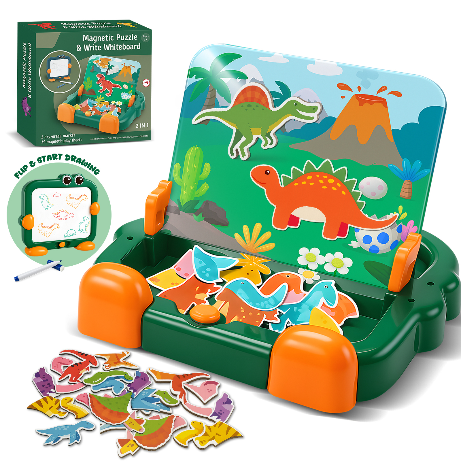 2 in 1 Dinosaur Magnetic Puzzle Board and Drawing Board for Toddlers