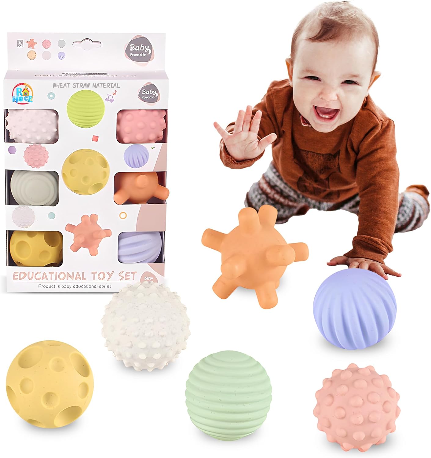 Baby Sensory Balls - 6 Pack, 1-3 Years Old Toddler Balls, Soft Textured Montessori Baby Toys 6 to 12 Months, Wheat Straw Toddler Balls for Baby Development
