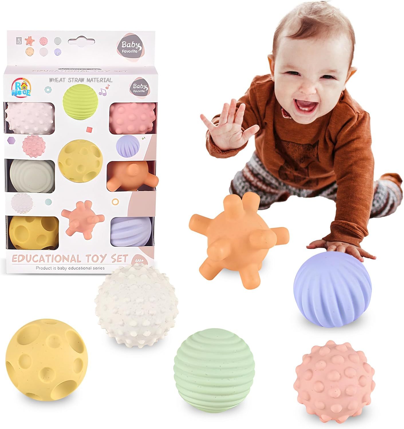Baby Sensory Balls - 6 Pack, 1-3 Years Old Toddler Balls, Soft Textured Montessori Baby Toys 6 to 12 Months, Wheat Straw Toddler Balls for Baby Development