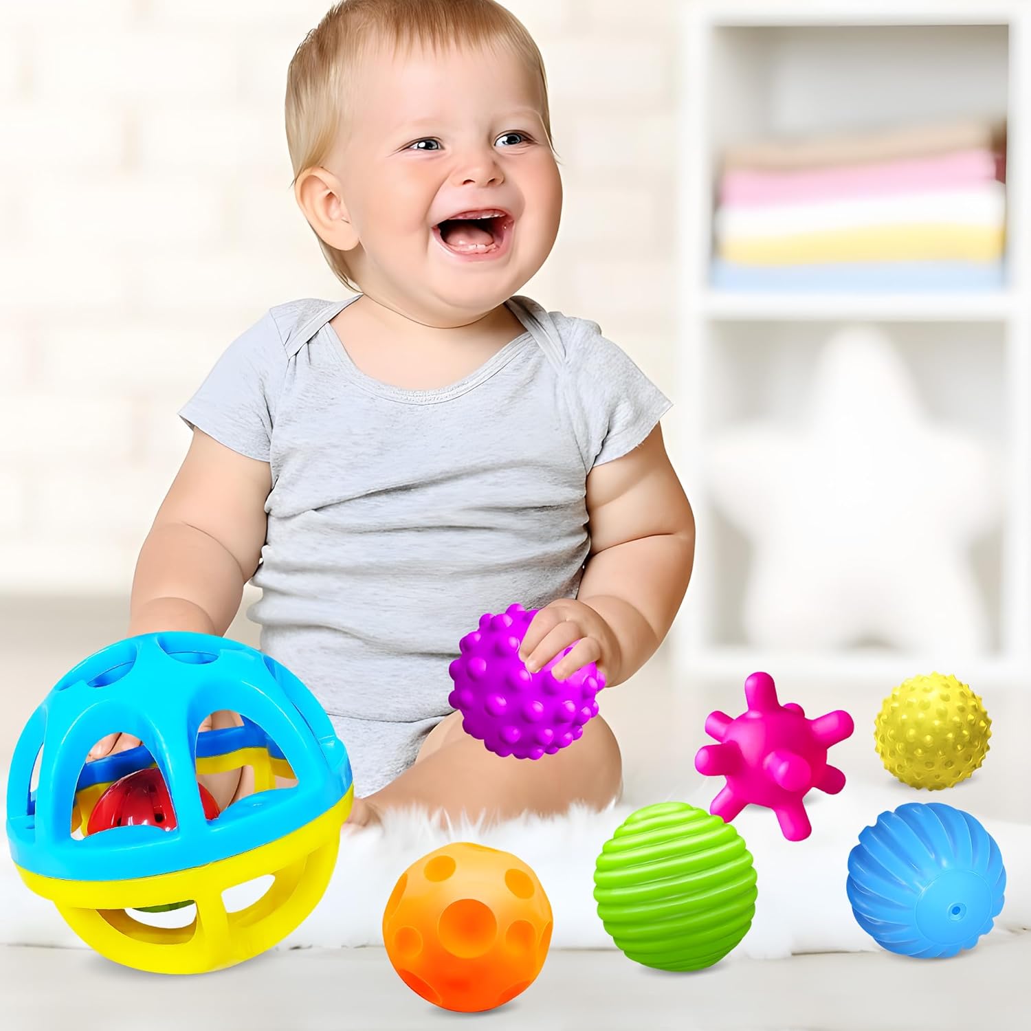 Sensory Balls for Baby - Montessori Toys, Multiple Textures Colorful Toddler Sensory Toys for Babies 1-3 Hand Catching Baby Balls, Blue Baby Rattle 3-6 Months Old Baby Toys for 6-12 Months  优化标题