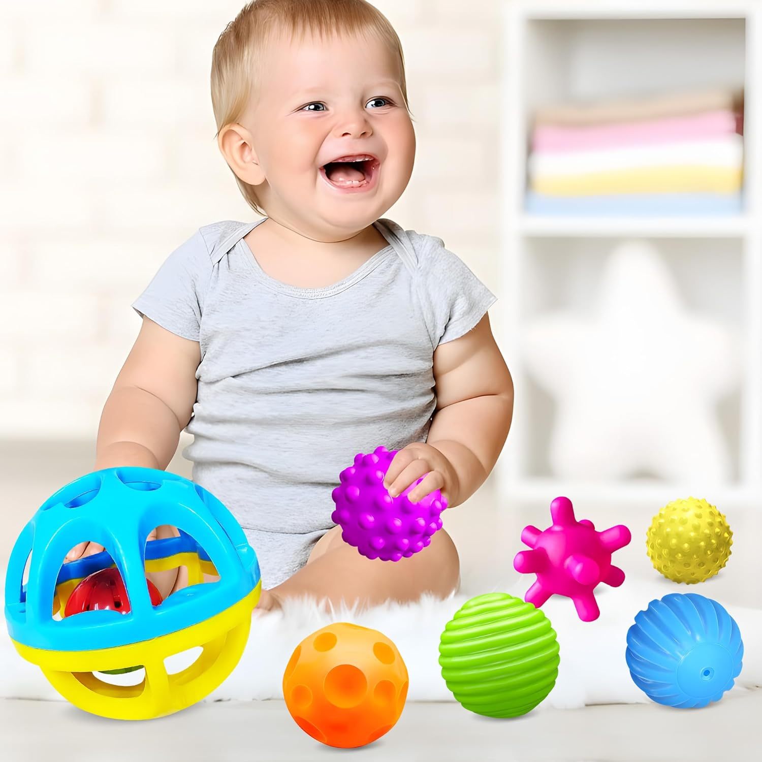 Sensory Balls for Baby - Montessori Toys, Multiple Textures Colorful Toddler Sensory Toys for Babies 1-3 Hand Catching Baby Balls, Blue Baby Rattle 3-6 Months Old Baby Toys for 6-12 Months  优化标题