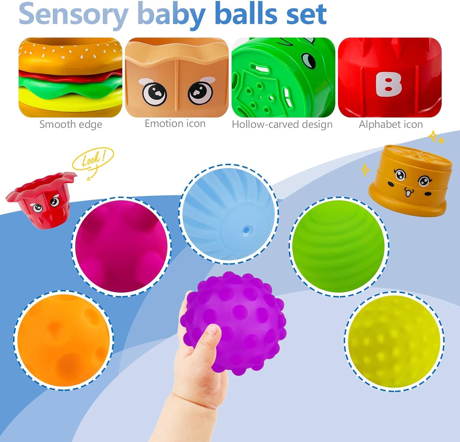 Baby Sensory Balls, 6-12 Months Baby Toy, Textured Multi Balls for Toddlers, 1-3 Colorful Soft Squeeze Bath Toys, Montessori Baby Toys with Stacking Cups, Juguetes Para Bebes de 0 a 6 Meses