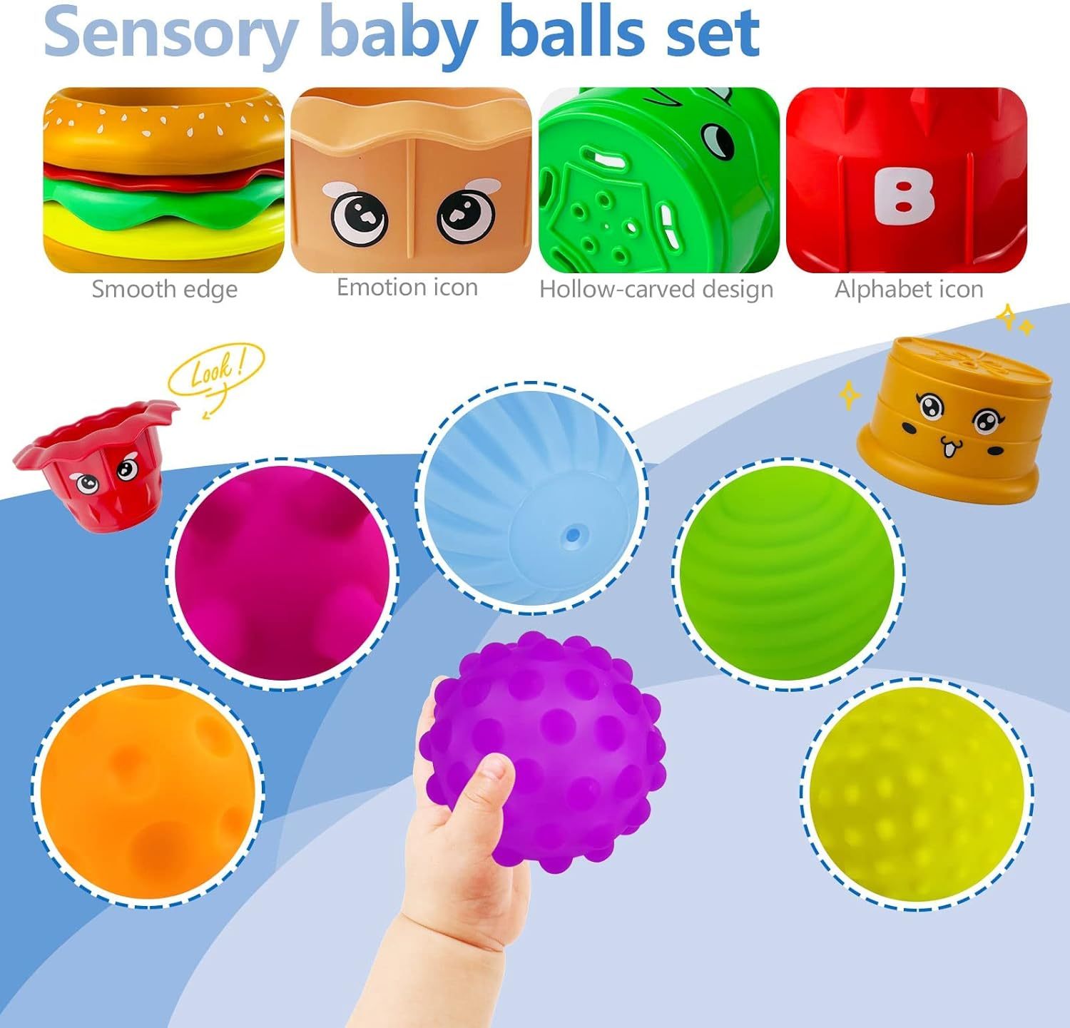 Baby Sensory Balls, 6-12 Months Baby Toy, Textured Multi Balls for Toddlers, 1-3 Colorful Soft Squeeze Bath Toys, Montessori Baby Toys with Stacking Cups, Juguetes Para Bebes de 0 a 6 Meses
