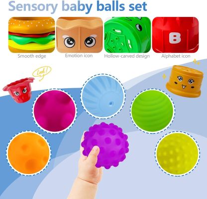 Baby Sensory Balls, 6-12 Months Baby Toy, Textured Multi Balls for Toddlers, 1-3 Colorful Soft Squeeze Bath Toys, Montessori Baby Toys with Stacking Cups, Juguetes Para Bebes de 0 a 6 Meses